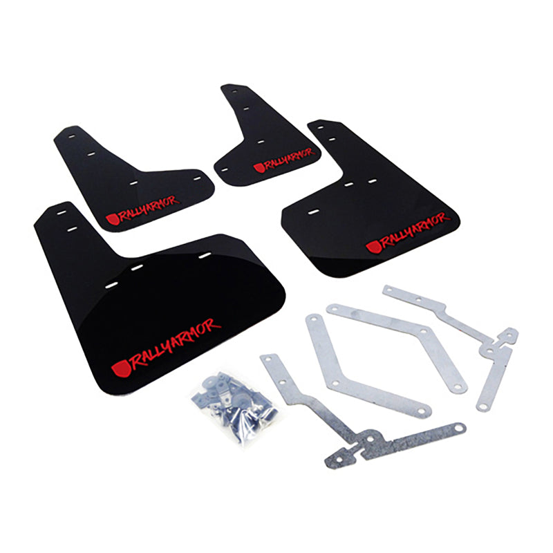 Set of black mud flaps with red branding and mounting hardware on a white background