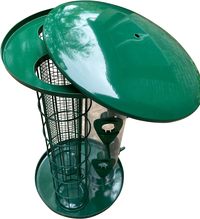 Green bird feeder with a black mesh cover on a white background