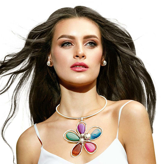 Multi Color Petal Silver Flower Necklace