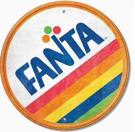 Fanta logo with colorful stripes on a round sign