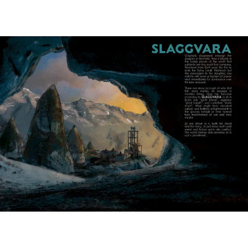 Artistic depiction of a snowy mountain landscape with a structure, featuring the text 'SLAGGVARA'.