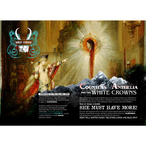 Magazine or book page with a fantasy-themed illustration of a crowned figure and text about 'Countess Anthelia and the White Crowns'.