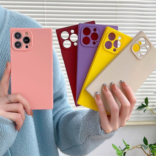 Fashion Candy Color Square Soft Silicone Phone Case For iPhone 13 11 12 Pro Max Bumper Shockproof Cover Square Silicone Camera Case Ultra Thin Lightweight Silky Soft Case Compatible with iPhone
