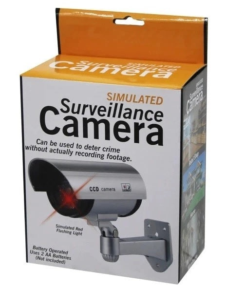 Boxed simulated surveillance camera with text on a white background