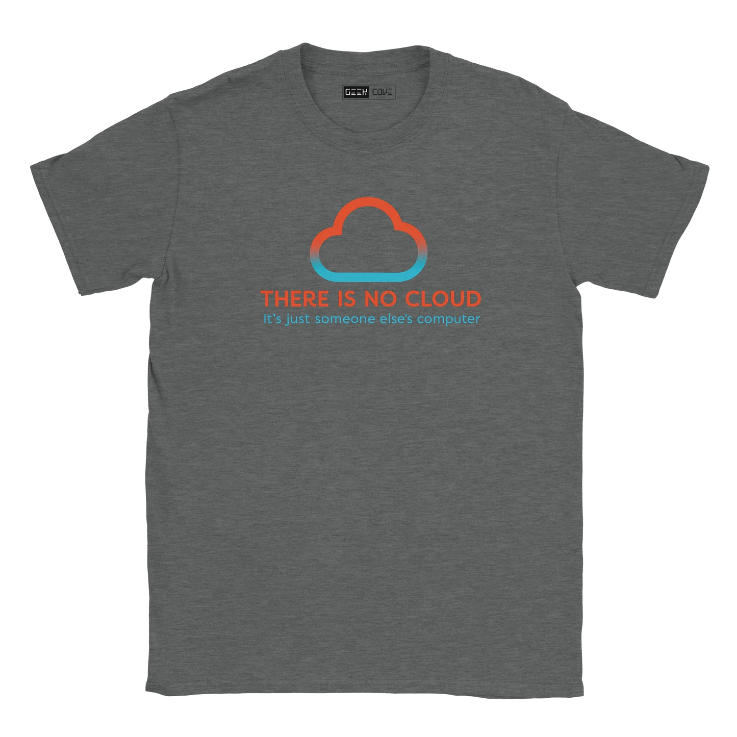 Gray t-shirt with a cloud design and text on a white background