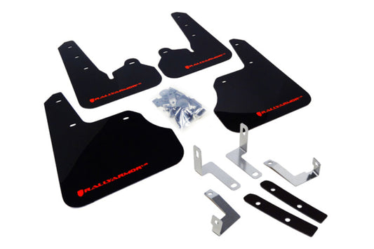 Set of black mud flaps with red branding on a white background