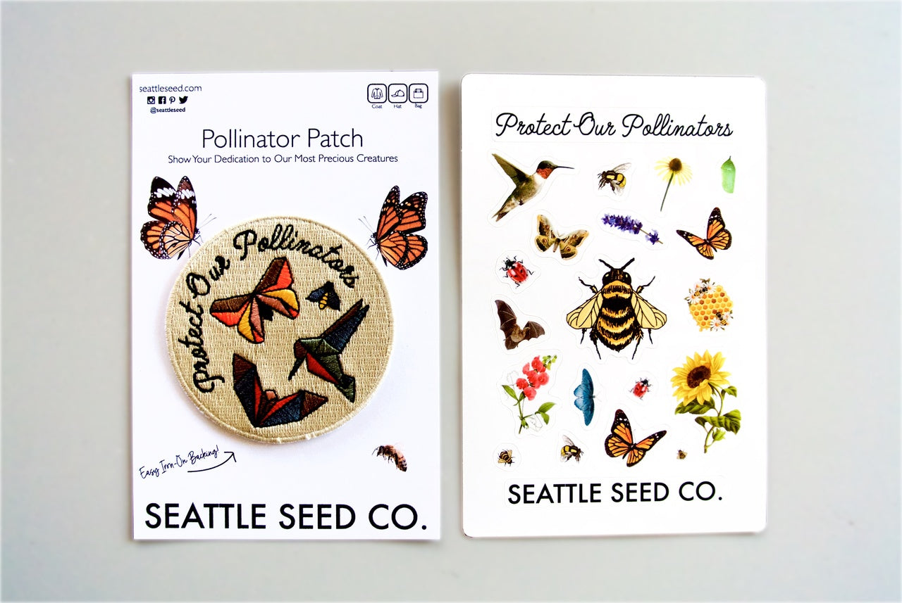 Two Seattle Seed Co. products featuring pollinator-themed designs on a gray background
