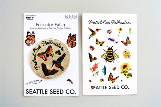 Two Seattle Seed Co. products featuring pollinator-themed designs on a gray background