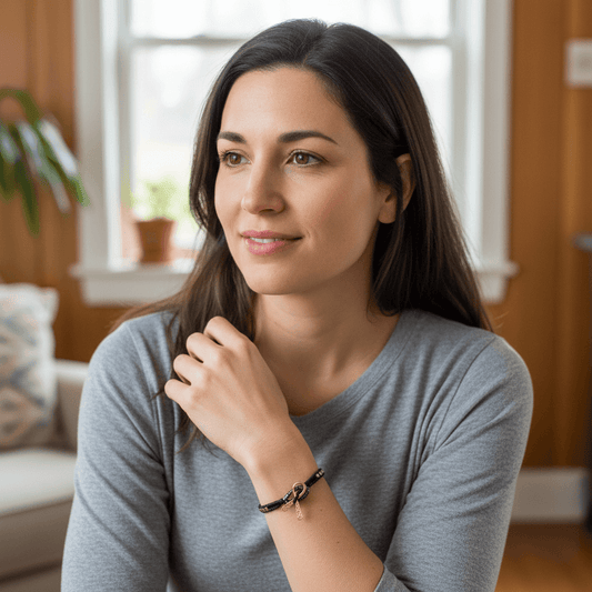 Woman sitting indoors, wearing a gray shirt and bracelet, with a neutral background.