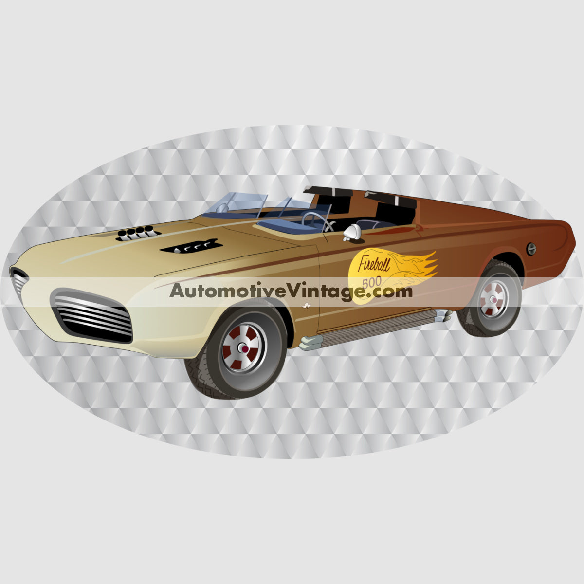 Vintage car illustration with 'AutomotiveVintage.com' branding on a checkered background