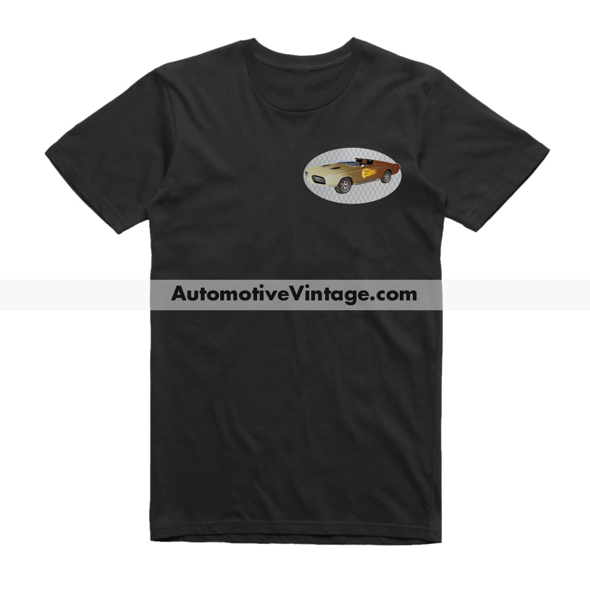 Black t-shirt with a vintage car graphic and 'AutomotiveVintage.com' text on a white background