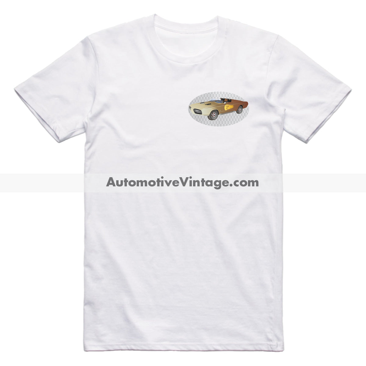 White t-shirt with a vintage car graphic and 'AutomotiveVintage.com' text on a white background