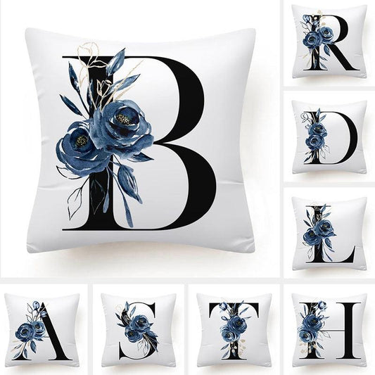 Floral Pillow Covers Alphabet Decorative Pillow Cases ABC Letter Flowers Cushion Covers Blue Flowers Polyester Pillowcase Decorative Sofa Pillows Cover Luxury Soft Materials