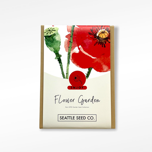 Seattle Seed Co. flower seed packet with red poppy design on a white background