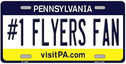 #1 Flyers Fan License Plate. Pennsylvania license plate with '#1 Flyers Fan' text on a blue and yellow background.