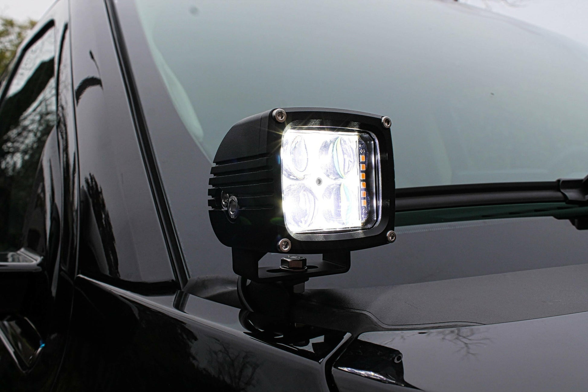 LED light bar mounted on a vehicle's hood