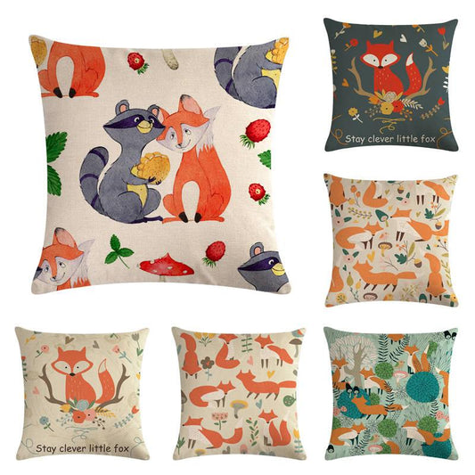 Forest Animal Fox Throw Pillow Covers Cute Cushion Cover Children Linen Cotton Teal Square Decorative for Sofa Pillow Case Decorative Cushion Pillowcases for Car Sofa Couch Woodland Girls Nursery Room Decor 45x45cm