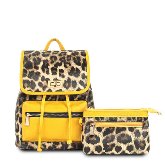 Backpack Leopard and Yellow Flap Bag Set for Women