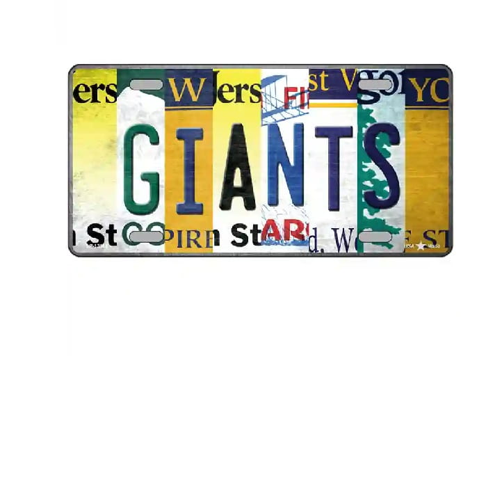 License plate with 'GIANTS' text and various city names on a white background