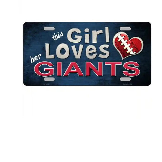 License plate with 'this Girl Loves her GIANTS' text and football graphic on a blue background