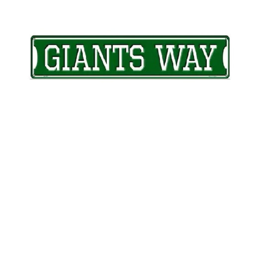 Green street sign with 'GIANTS WAY' text on a white background