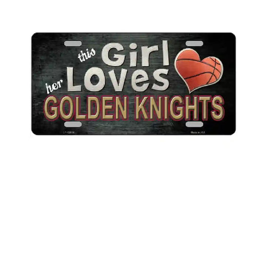 License plate with text 'This Girl Loves Her Golden Knights' featuring a heart and basketball icon on a black background.