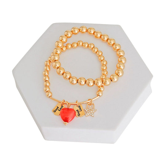 Gold Bead 2 Pcs Heart Charm Bracelets