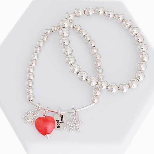 Silver Bead 2 Pcs Heart Charm Bracelets