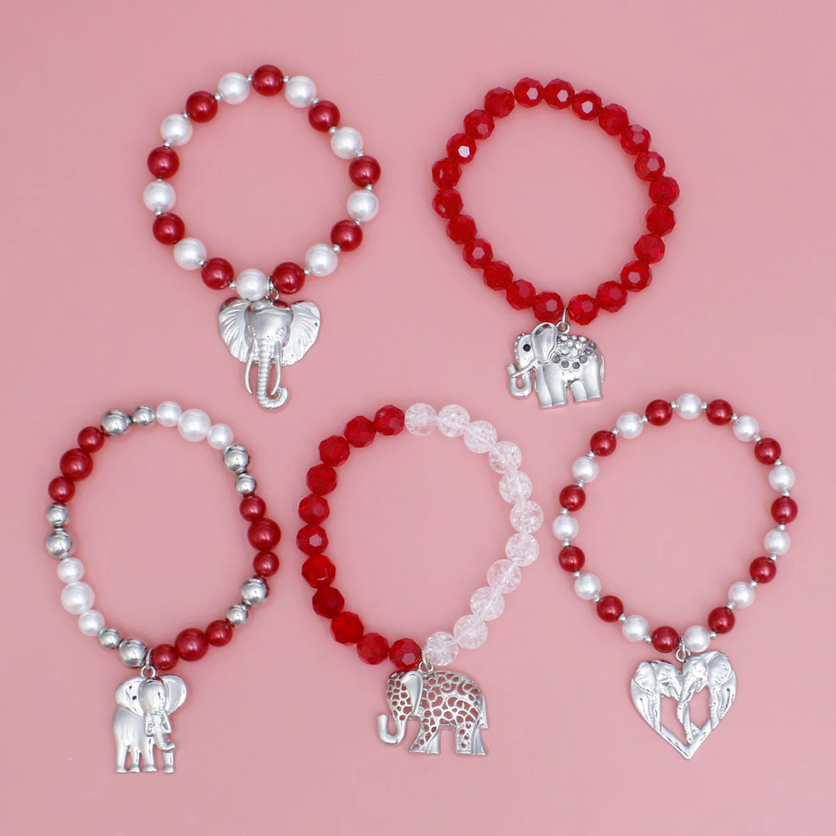 DST Red White Silver Elephant Charm Bracelet Set