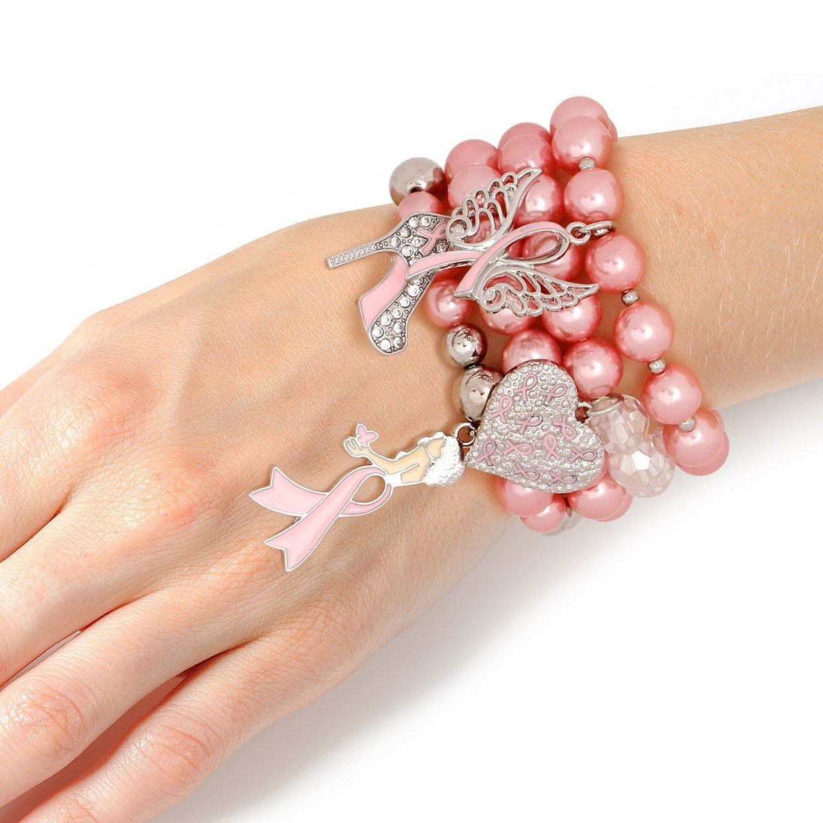 Breast Cancer Light Pink Pearl Angel 4 Pc Bracelets