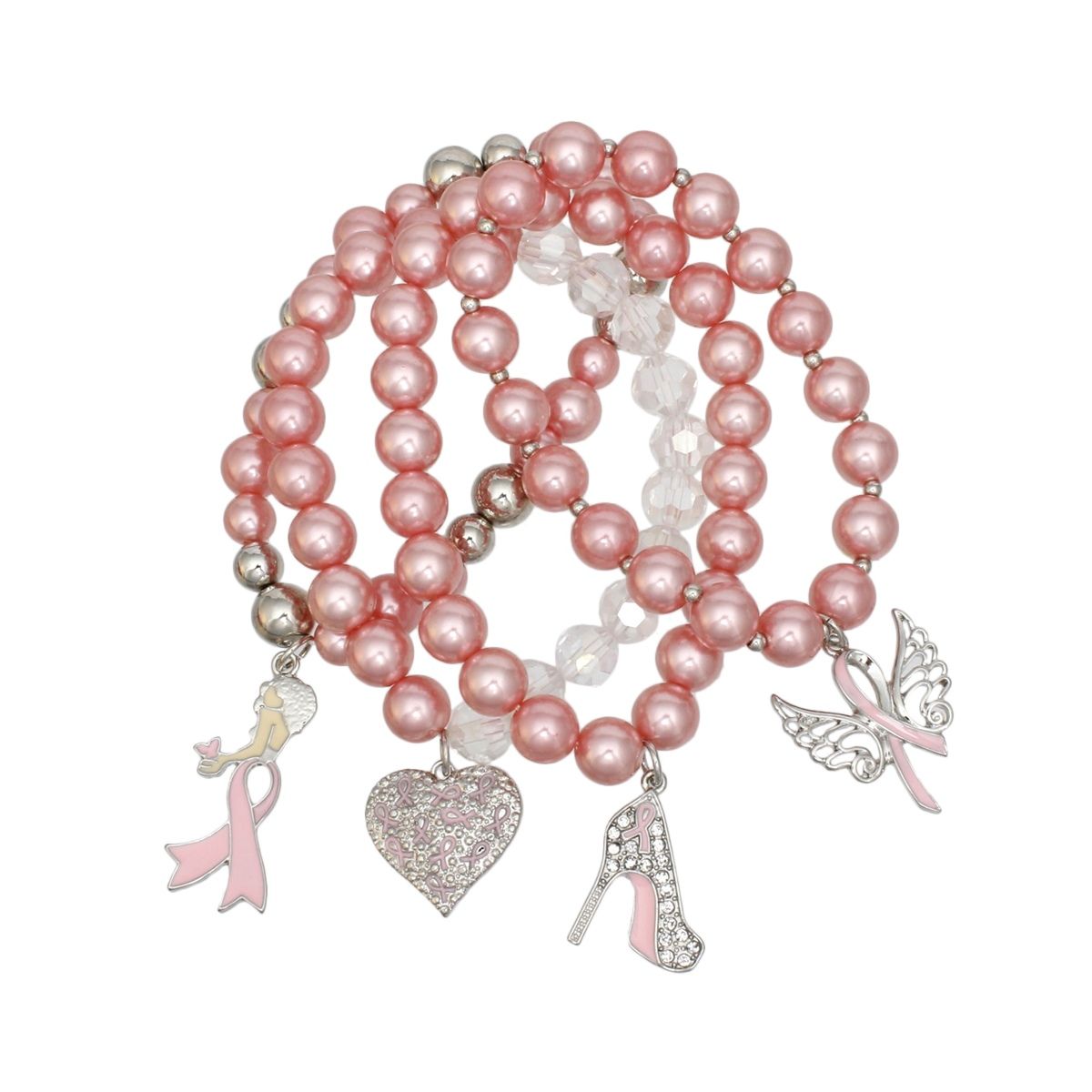 Breast Cancer Light Pink Pearl Angel 4 Pc Bracelets