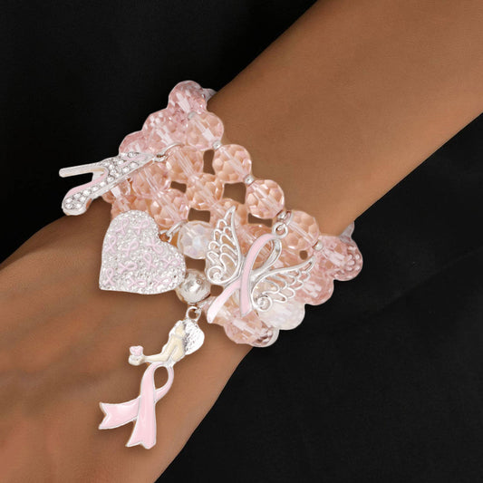 Breast Cancer Light Pink Glass Bead Angel 4 Pc Bracelets