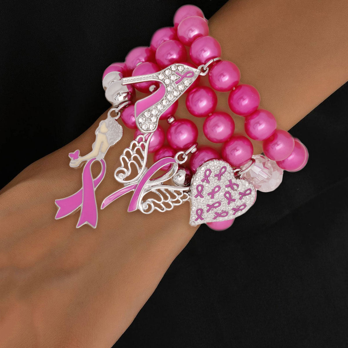Breast Cancer Pink Pearl Angel 4 Pc Bracelets