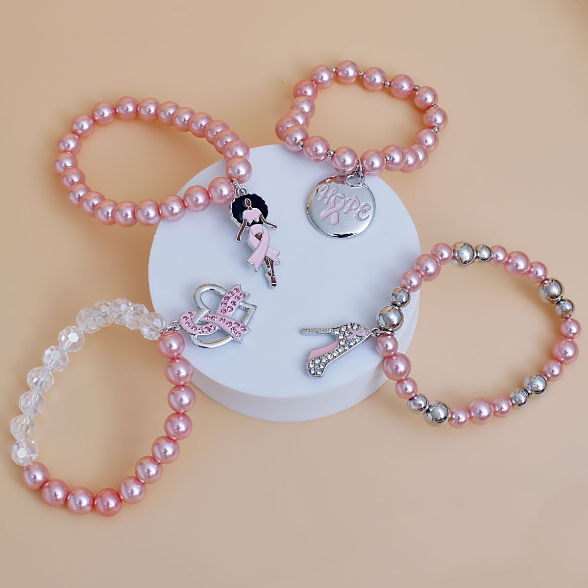 Breast Cancer Light Pink Pearl Hope 4 Pc Bracelets