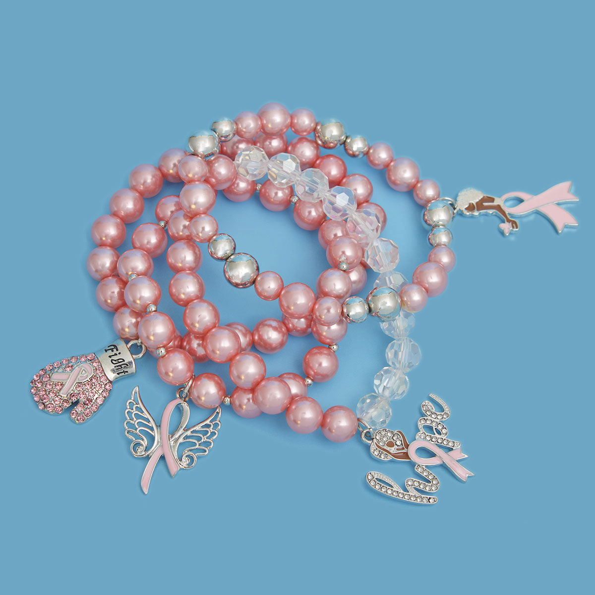 Breast Cancer Light Pink Pearl Fight 4 Pc Bracelets