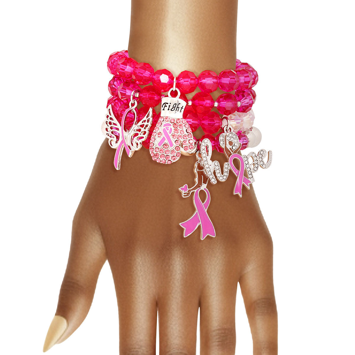 Breast Cancer Pink Glass Bead Fight 4 Pc Bracelets