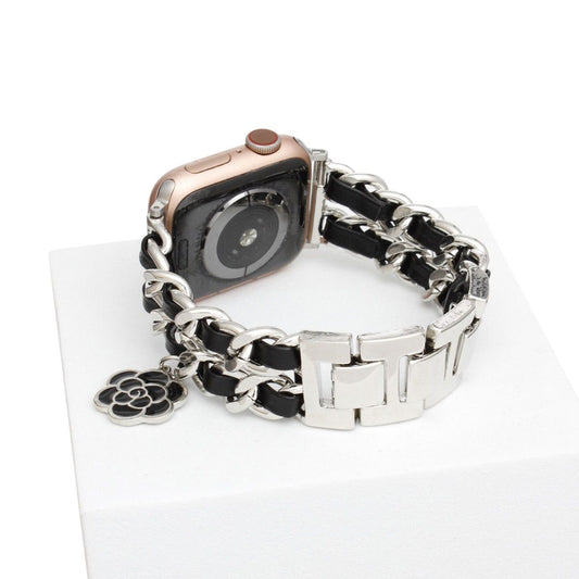 Watch Band Black Woven Silver Chain Camellia Charm