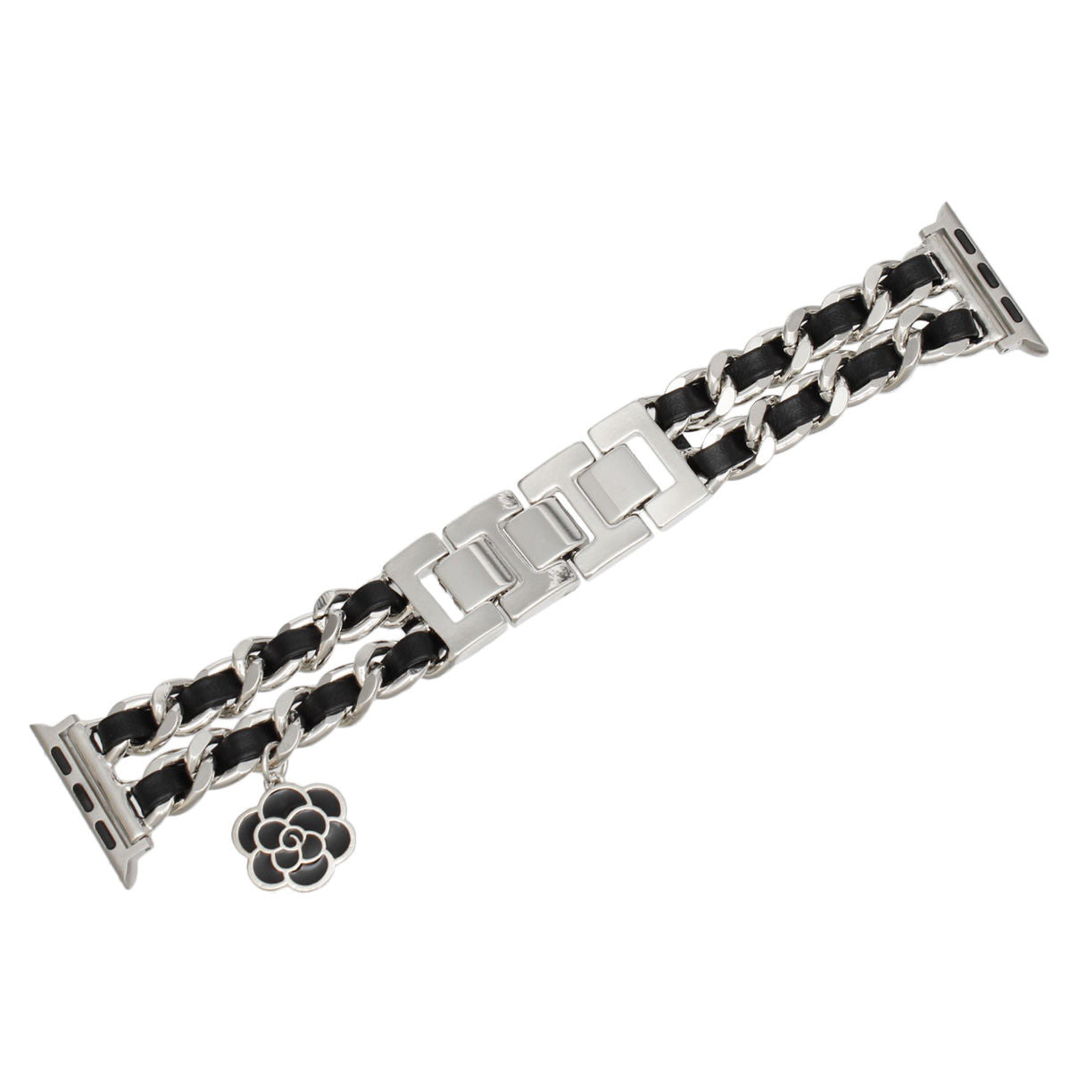 Watch Band Black Woven Silver Chain Camellia Charm