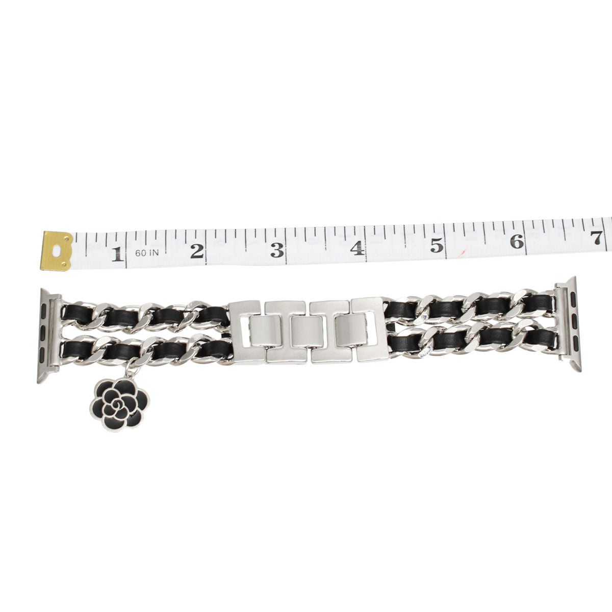 Watch Band Black Woven Silver Chain Camellia Charm