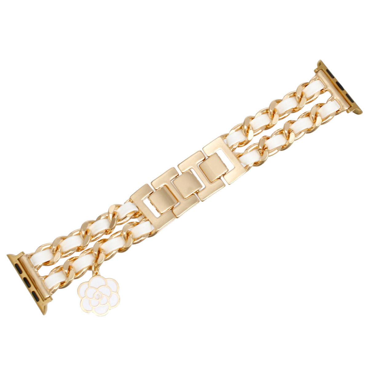 Watch Band White Woven Gold Chain Camellia Charm