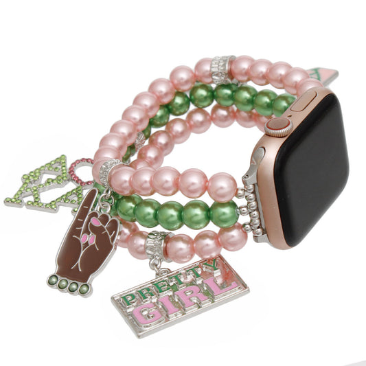 AKA Sorority Pink Green Pearl Watch Band for Women