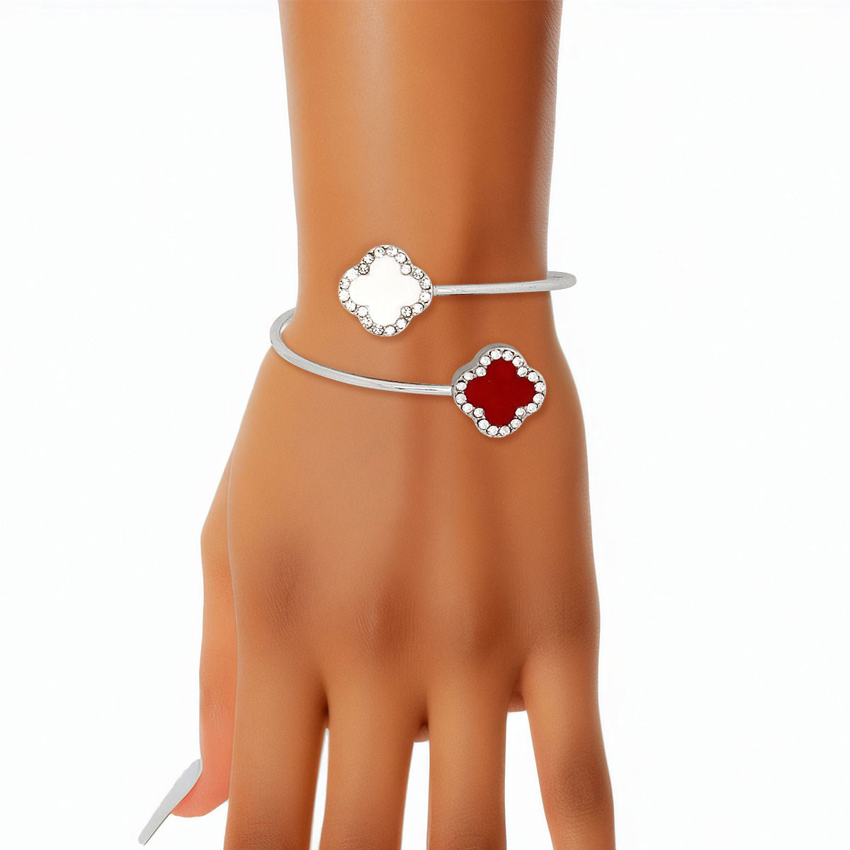 DST Sorority Red White Stone Clover Open Bangle