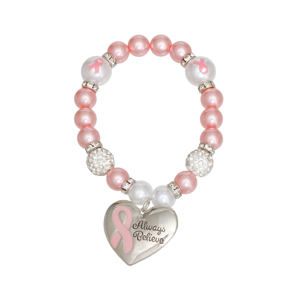 Breast Cancer Light Pink Pearl Heart Charm Bracelet