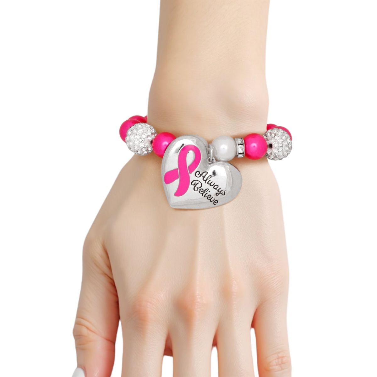 Breast Cancer Pink Pearl Heart Charm Bracelet