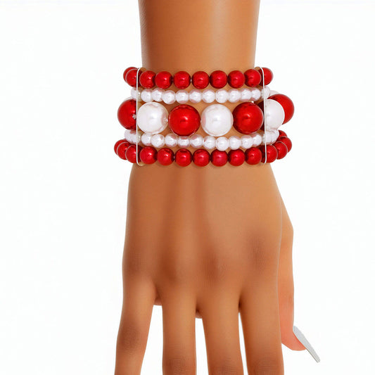 DST Bracelet Red White Stacked Pearls for Women