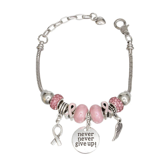 Breast Cancer Silver Never Give Up Charm Bracelet
