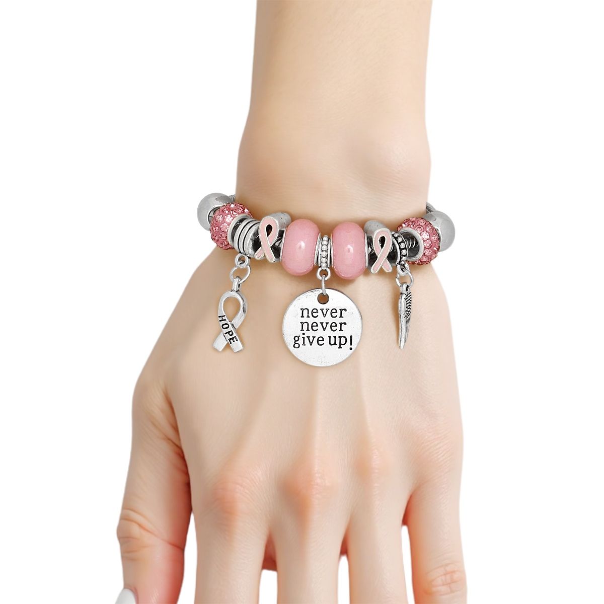 Breast Cancer Silver Never Give Up Charm Bracelet