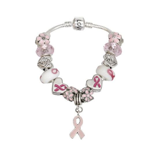 Breast Cancer Silver Hope Ribbon Charm Bracelet