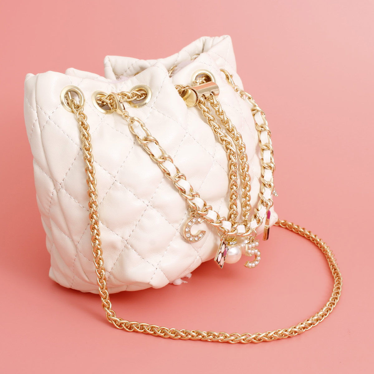 Mini Bucket White Quilted Parisian Lux Charm Bag