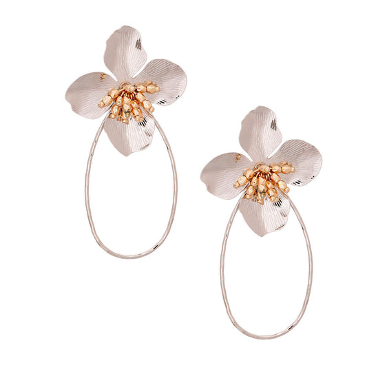 Silver Flower Teardrop Hoops